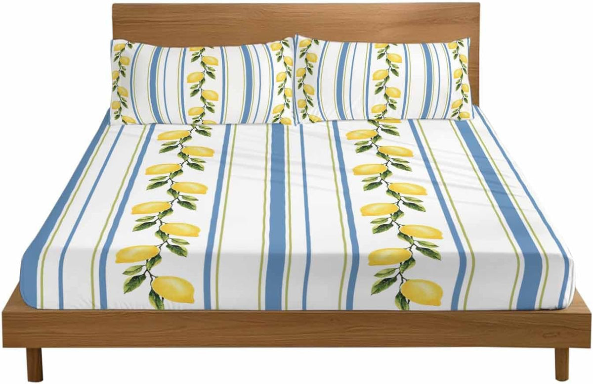 3 Pieces Twin XL Fitted Sheet Set, Summer Lemon Leaves Deep Pocket Up to 16", Blue Yellow Striped Soft Elastic Bed Sheets and Pillow Cases Secure Fit