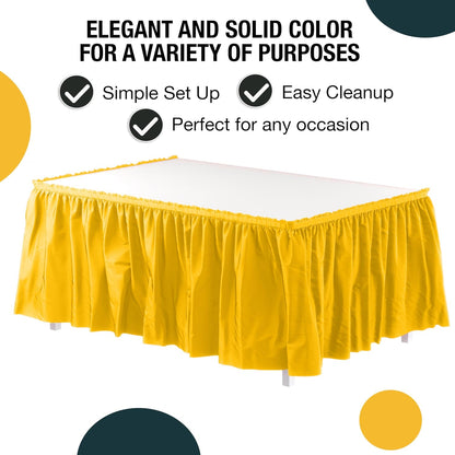 Yellow Table Skirt 6 Pack - Disposable Plastic Table Skirts for Rectangle Tables 6ft 8ft & Round Tables - 29in x 14ft Self-Adhesive Strip - Birthday Wedding Gender Reveal Decor
