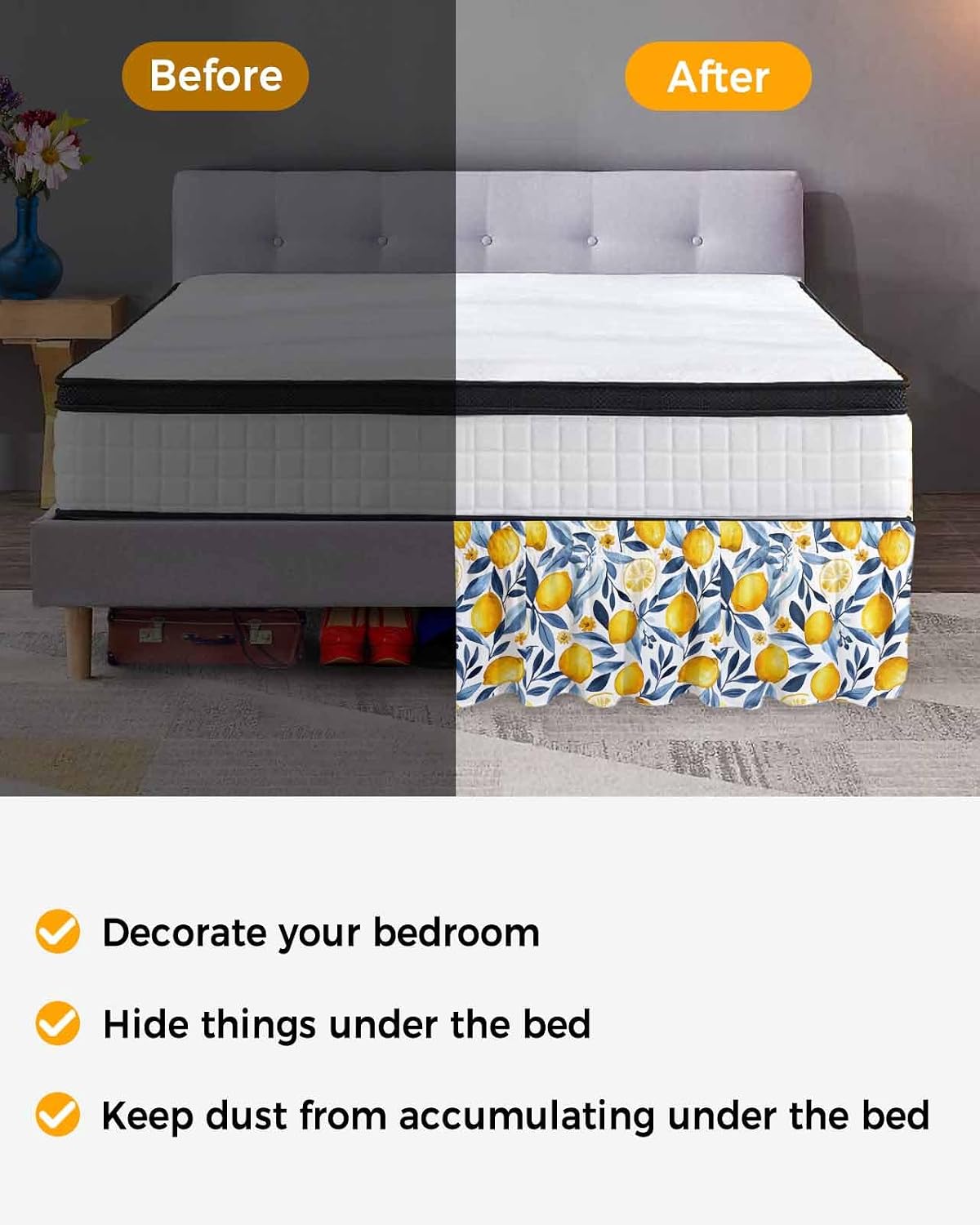 Yellow Lemon Bed Skirt Queen Size 16 Inch Drop, Adjustable Elastic Wrap Around Bed Skirts Easy Fitting Dust Ruffle Bedskirt Bed Frame Cover Blue Flower Leaves Spring Summer Plant