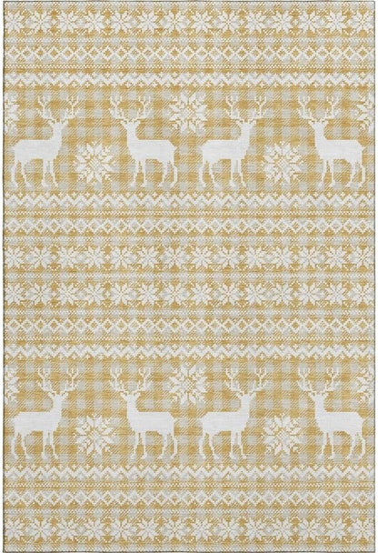 Holiday Festive Theme Soft Plush Thick Pile Christmas Area Rug 2'6" x 3'10"| | Winter Cheer Xmas Playful Deer Snowflakes Plaid Patterns Gold Yellow White Color | Washable Nonslip Indoor Outdoor Rugs