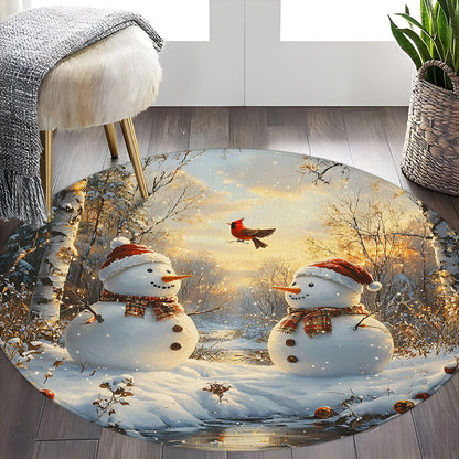 Merry Christmas Round Rug 2ft-Winter Snowman Snowy Forest Yellow Leaves Bird Lake Sunset Farmhouse Snow Scene Bathroom Rug Microfiber Memory Foam Area Rugs for Living Room Kitchen Bath Floor Rugs