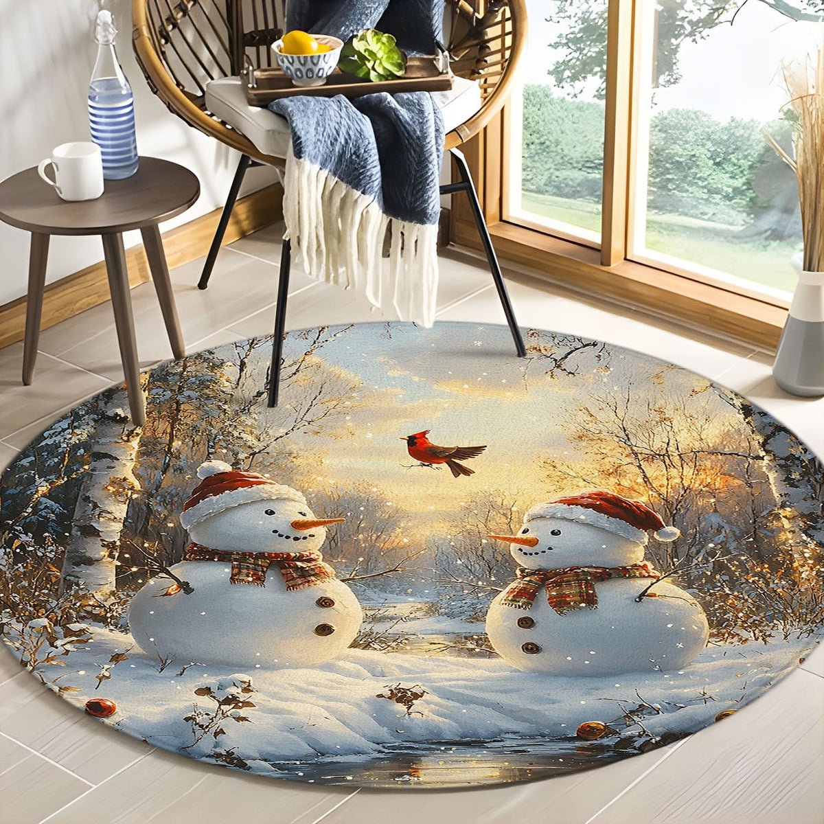 Merry Christmas Round Rug 2ft-Winter Snowman Snowy Forest Yellow Leaves Bird Lake Sunset Farmhouse Snow Scene Bathroom Rug Microfiber Memory Foam Area Rugs for Living Room Kitchen Bath Floor Rugs