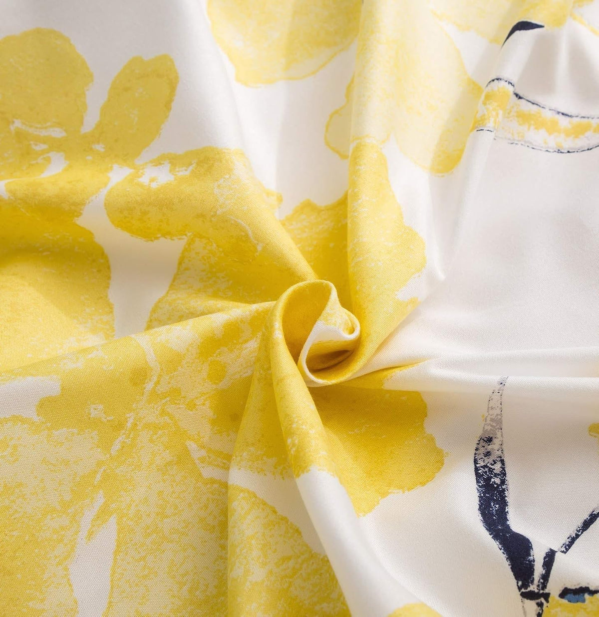 Tache Contemporary Watercolor Nature Spring Print Leaves Floral Bright Light Yellow Ivory Black Navy Blue Soft Microfiber Top Flat Sheet, King
