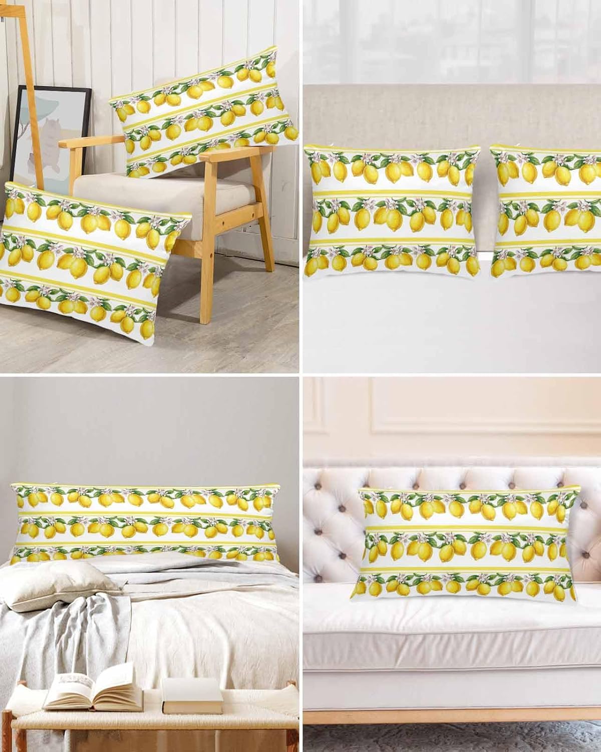 Summer Lemons Satin Pillowcase for Hair and Skin, Yellow Fruit Leaf Striped White Background Silky Pillow Cases Standard Size with Zipper 1 Pack Soft Cooling Pillow Cover for Women Men, 20''x40''
