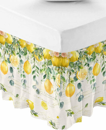 Watercolor Lemon Bed Skirt Queen Size 16 Inch Drop, Adjustable Elastic Wrap Around Bed Skirts Easy Fitting Dust Ruffle Bedskirt Bed Frame Cover Eucalyptus Leaf Fruit Yellow Flower