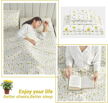 Yellow Floral Bed Sheets Full Flower Printed Sheets - Patterned Microfiber Fitted Sheets Full with 15" Deep Pocket & Non-Slip Straps, Cute Flower Sheets & Pillowcase Set