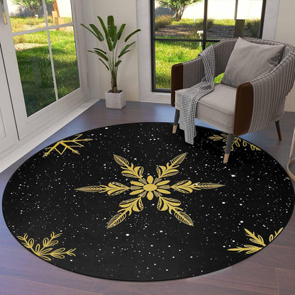 Christmas Round Area Rugs for Living Room/Bedroom/Entryway, Yellow Winter Snowflake Christmas Black Round Rugs 5Ft - Non Skid Rug Soft Circle Rug Runner Kids Room Floor Mats Throw Carpet