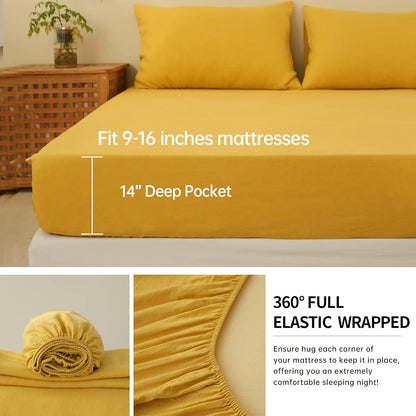 100% Linen Sheet Set 4pcs Basic Style, Deep Pocket, Natural French Washed Flax Solid Color Soft Breathable Bed Sheets - Mustard Yellow, Queen