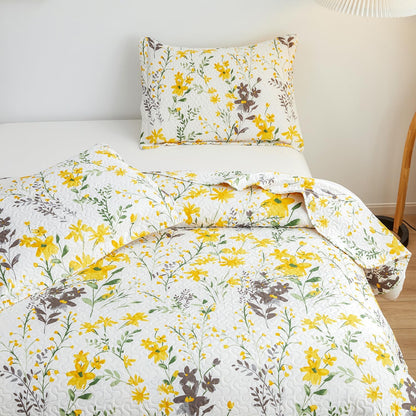 Floral Quilt Sets Full/Queen Size Reversible Countryside Bedspread Coverlets Lightweight Yellow Flower Quilt Green Leaves Bed Covers for All Season,1 Quilt +2 Pillow Shams