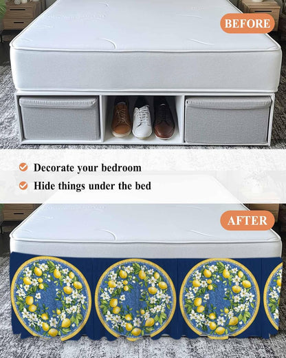 Bed Skirt Yellow Lemons Bohemian Summer Navy Blue Ruffle Bed Skirt Wrap Around Bed Skirts for Queen Beds 16" Drop,Adjustable Elastic Dust Ruffles Easy Fit and Wrinkle-Free