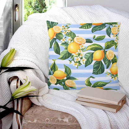 Pastoral Lemon 2PCS Throw Pillow Covers for Couch Sofa Bed, Yellow Blue Flowers Stripes Pillow Covers 16x16 inch, Standard Pillowcases Set Decorative Cushion Covers for Living Room Bedroom