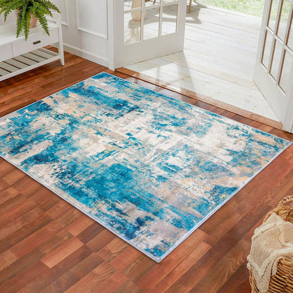 Modern Abstract 3x5 Area Rug Washable Bedroom Rug Throw Entry Mat Non-Slip Stain Resistant Carpet Dining Room Rug with Soft Low Pile for Living Room Kitchen Office, Turquoise/Beige/Grey/Yellow