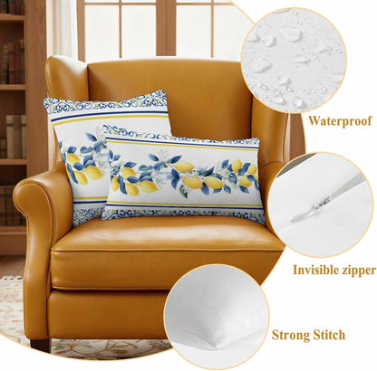 Summer Lemon Outdoor Pillow Covers Pack of 2 Lemon Flower Mediterranean Waterproof Garden Farmhouse Cushion Cases Decorative for Patio Furniture Balcony Couch Sofa 20 x 12 Inch