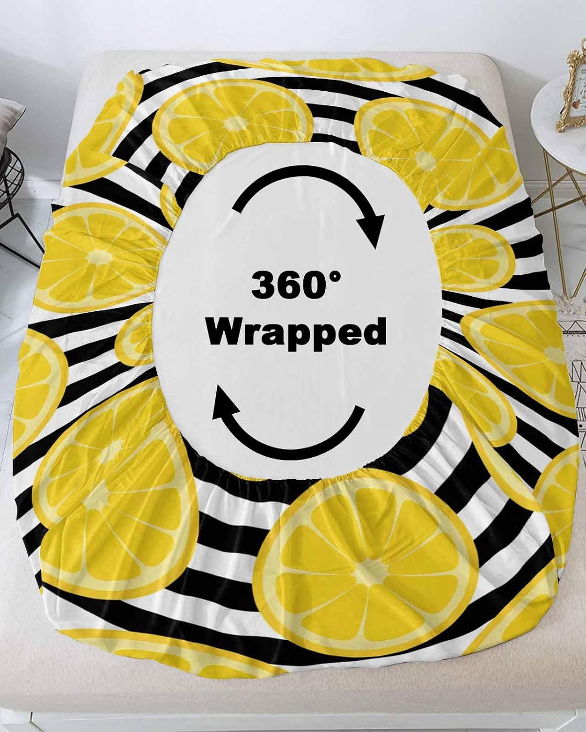 Twin XL Fitted Sheet, Farmhouses Country Yellow Lemon Soft Brushed Microfiber Deep Pocket Bed Sheets Set, Black White Stripes Breathable Bottom Sheets with Pillowcase,Fits Mattress Up to 16"